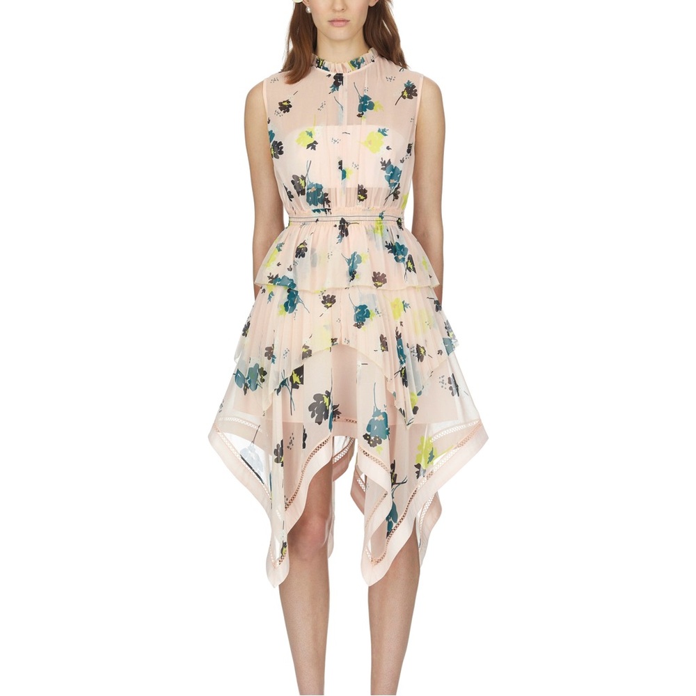 NWT SELF PORTRAIT Floral Graphic Print Chiffon Dress Blush Pink Asymmetrical 6